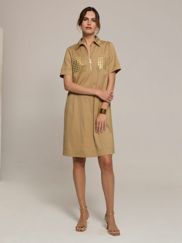 Vestido midi camel con detalles dorados - LUIS CIVIT